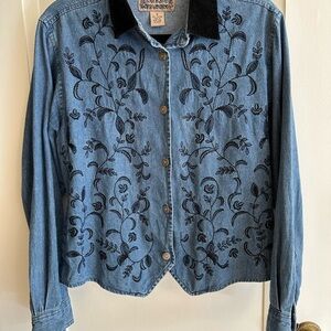 Embroidered Denim Button Down with Black Velvet Collar - Size M